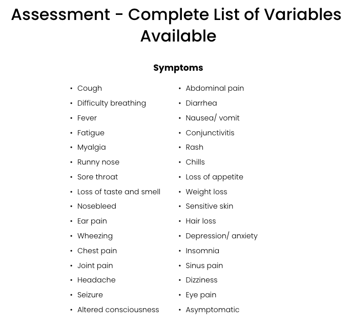 Assessment variables list